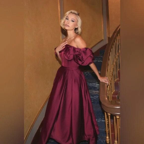 Mac Duggal 20706‎ Womens Plum Red Off The Shoulder Tea Length Dress Gown - Picture 3 of 6